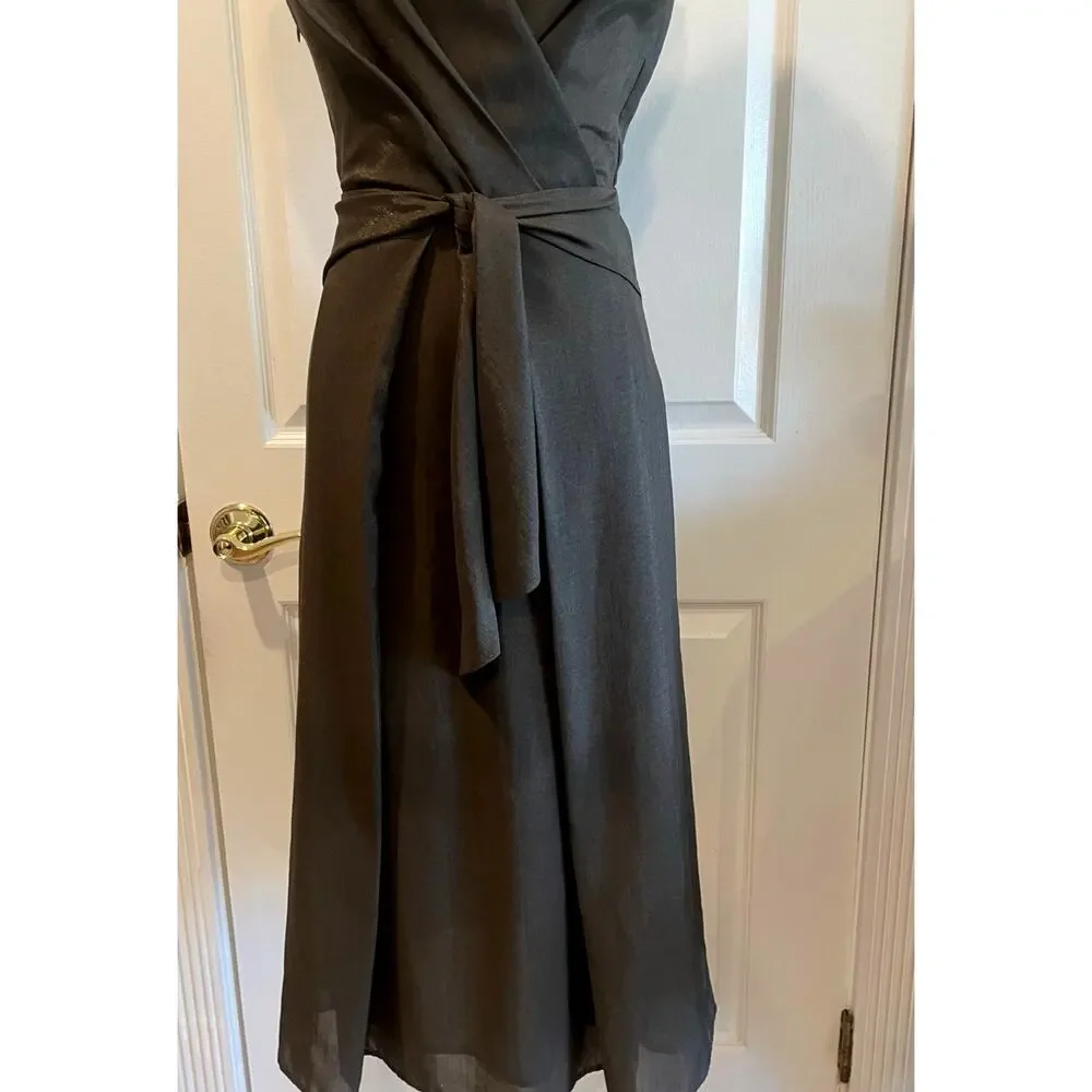 Italian e Collezioni Silk Brown Surplice Wrap Sleeveless Midi Tie Waist Dress S